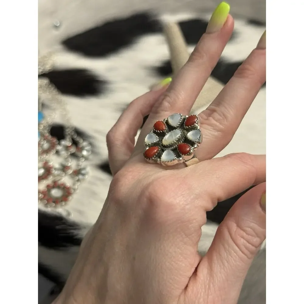 Native American Sterling Silver Red Coral Mother Of Pearl Cluster Flower Ring
